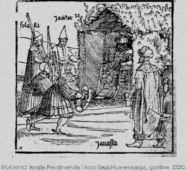 Historic depiction of Gazi Husrev Beg meeting a Habsburg delegation